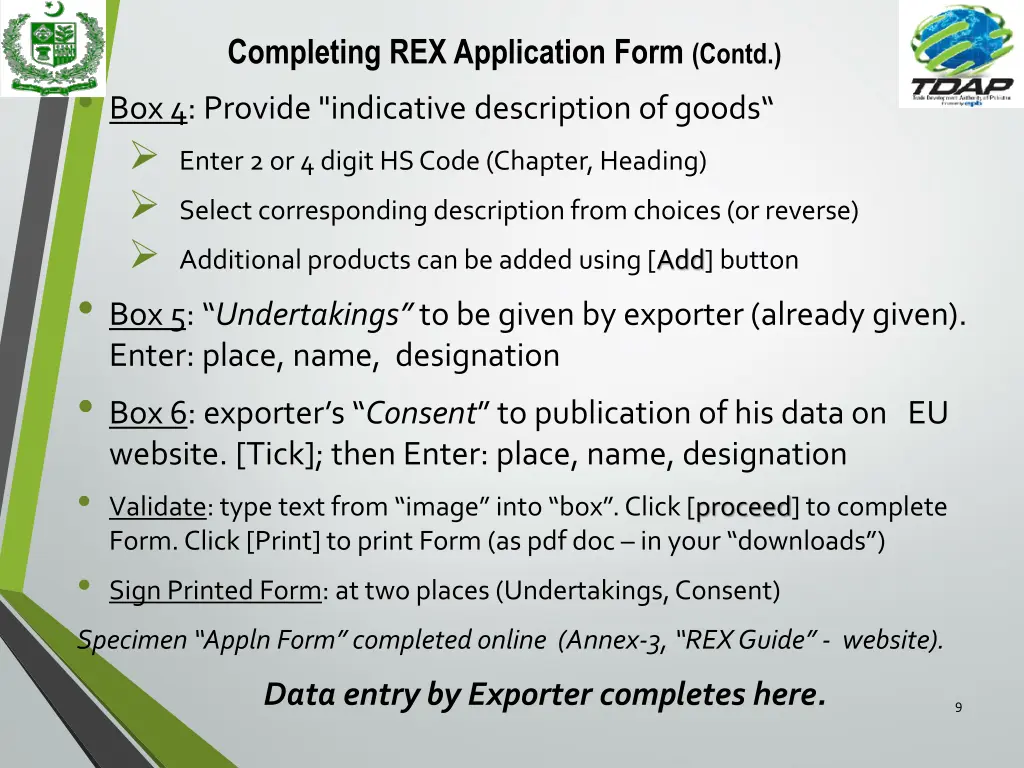 completing rex application form contd