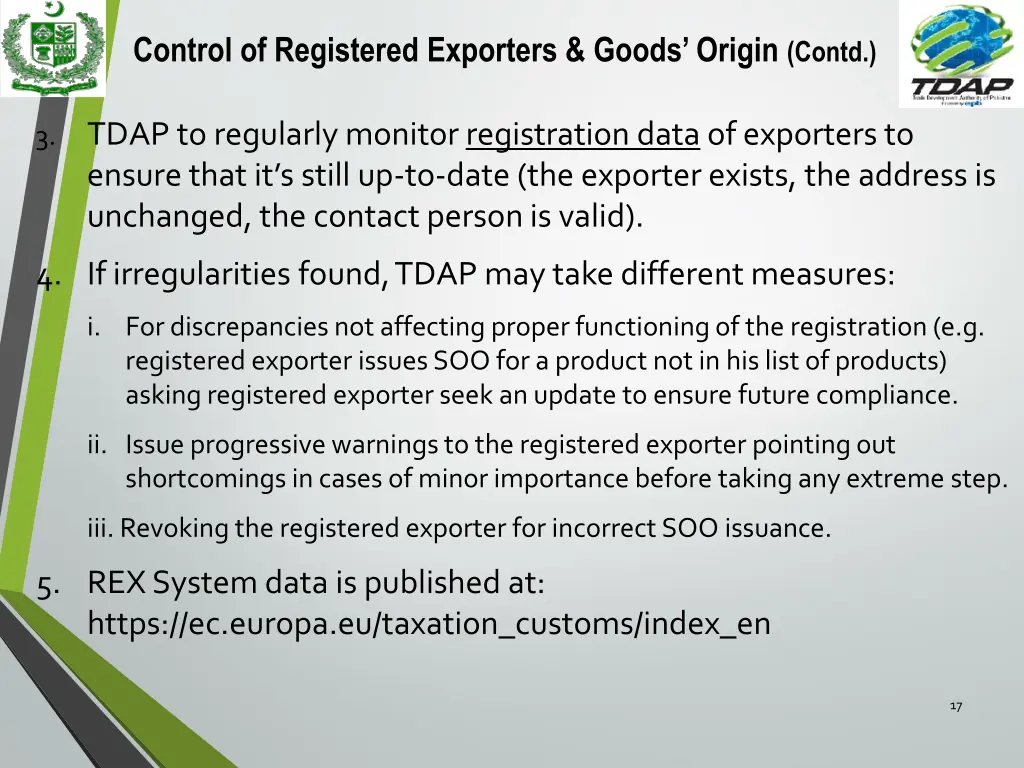 control of registered exporters goods origin contd