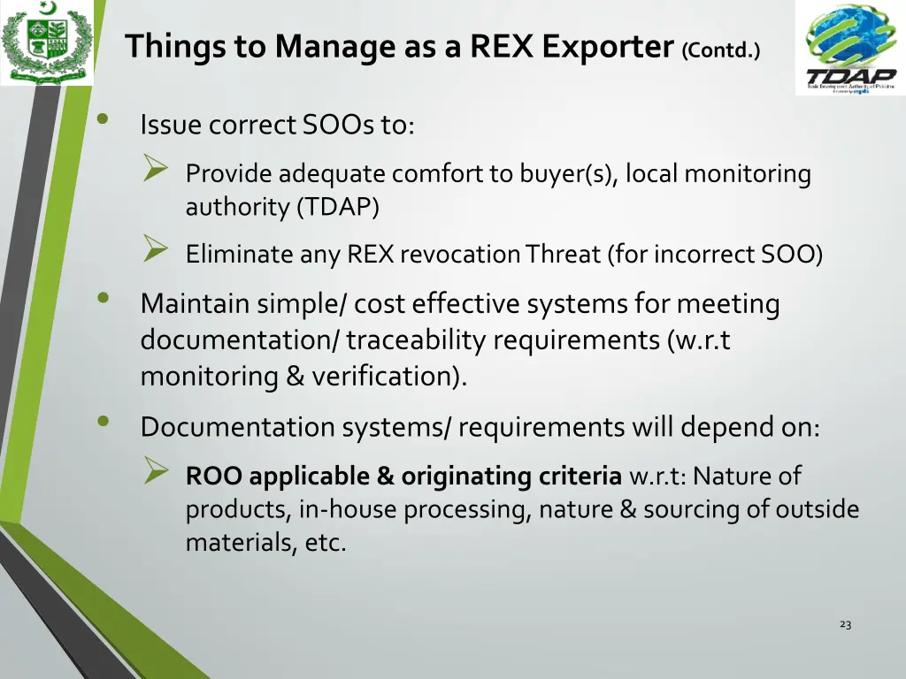 things to manage as a rex exporter contd