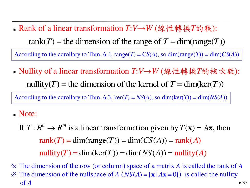 rank of a linear transformation t v w t rank