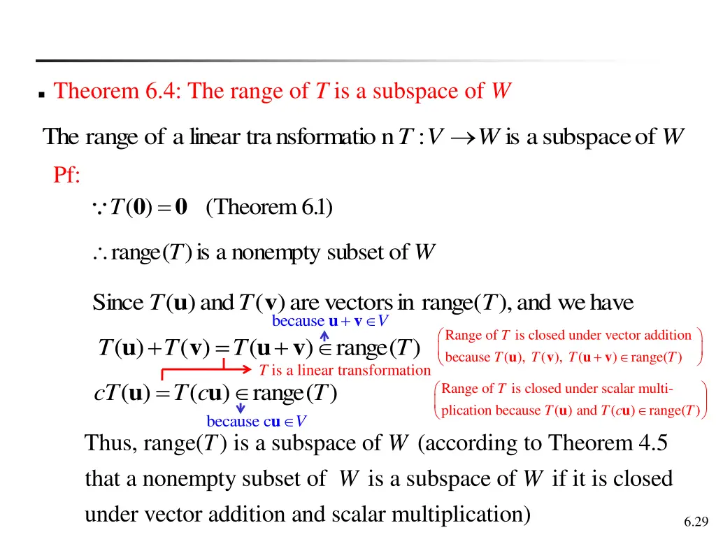 theorem 6 4 the range of t is a subspace of w