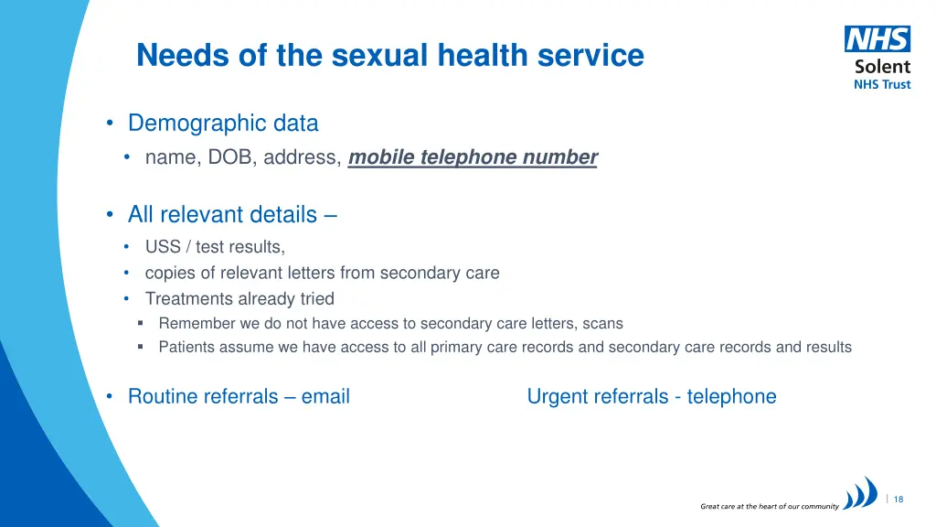 needs of the sexual health service