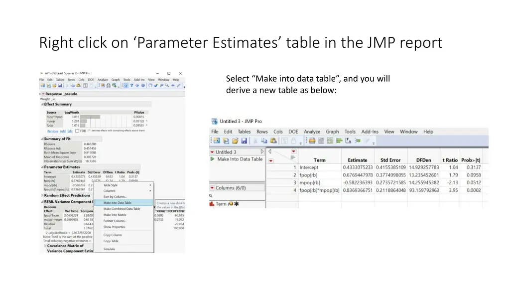 right click on parameter estimates table