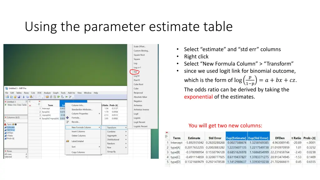 using the parameter estimate table