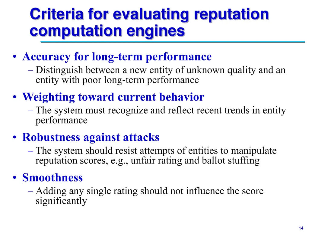 criteria for evaluating reputation computation