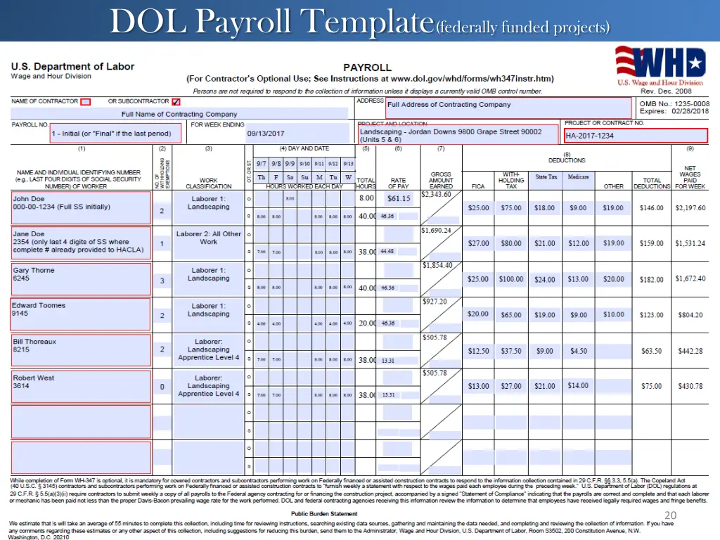 dol payroll template federally funded projects