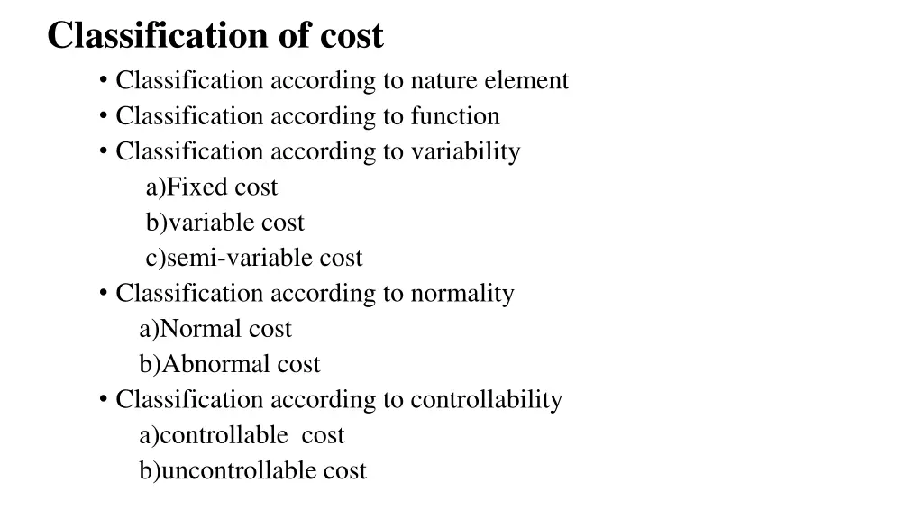 classification of cost classification according