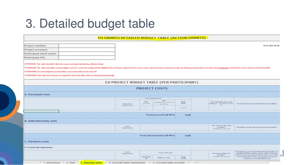 3 detailed budget table