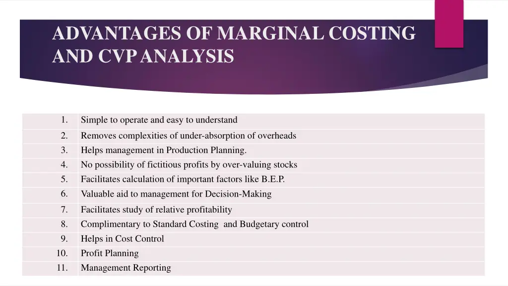 advantages of marginal costing and cvp analysis