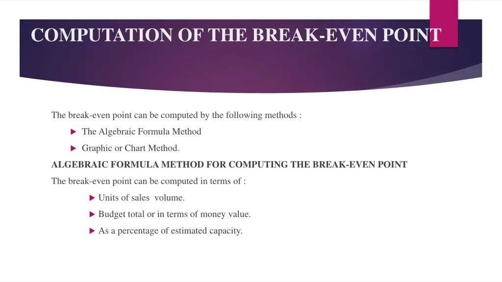 computation of the break even point