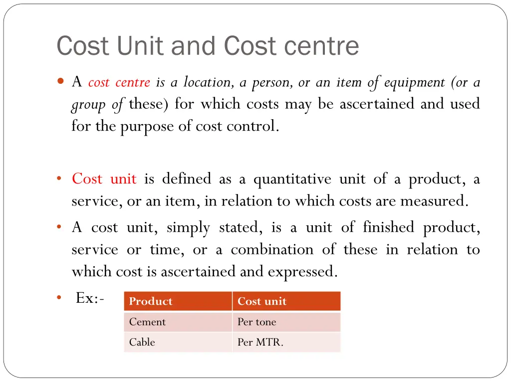 cost unit and cost centre