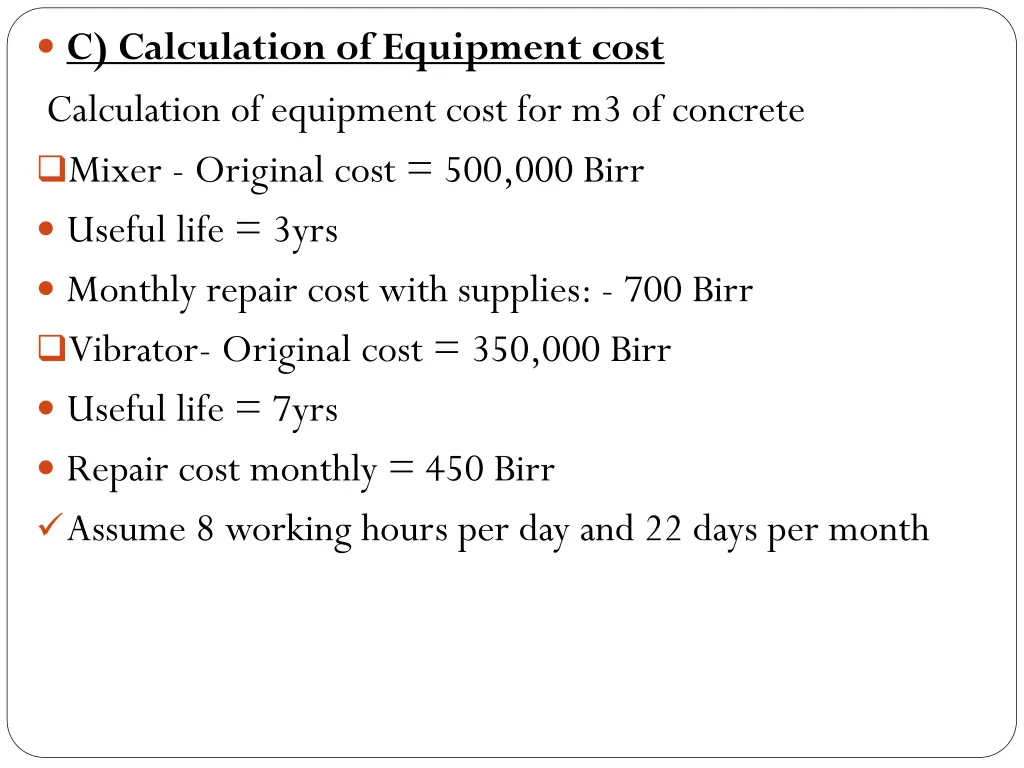 c calculation of equipment cost calculation