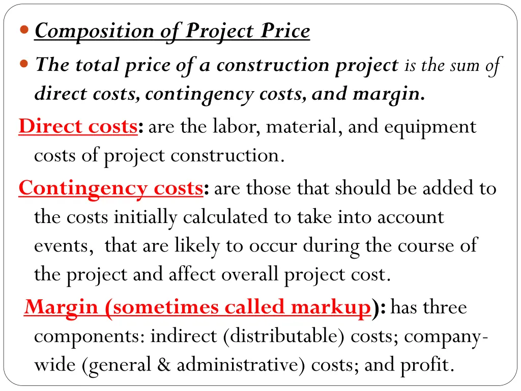 composition of project price the total price