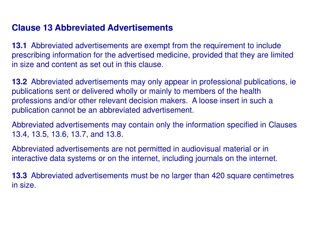 clause 13 abbreviated advertisements