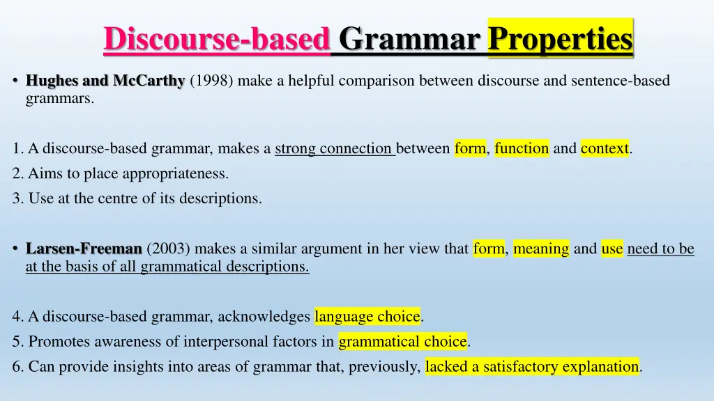 discourse based grammar properties