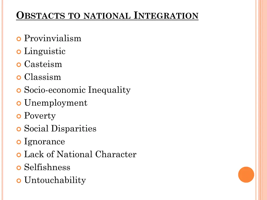 o bstacts to national i ntegration