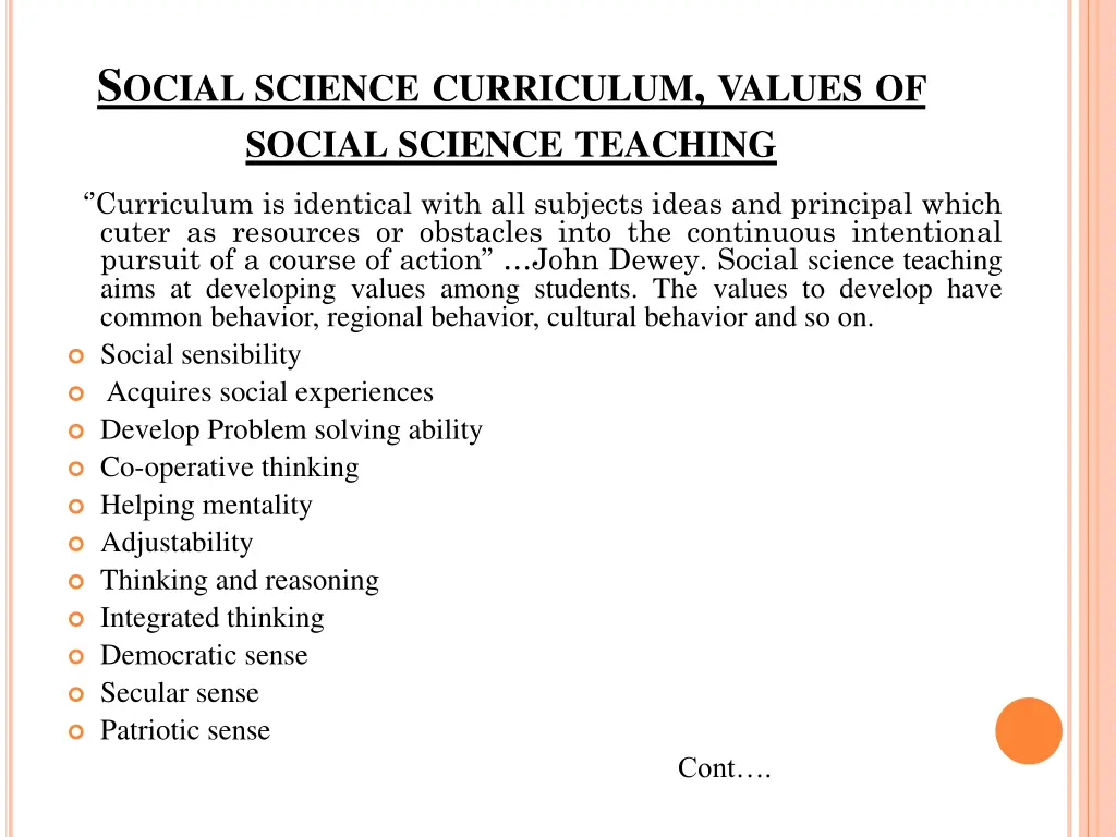 s ocial science curriculum values of social