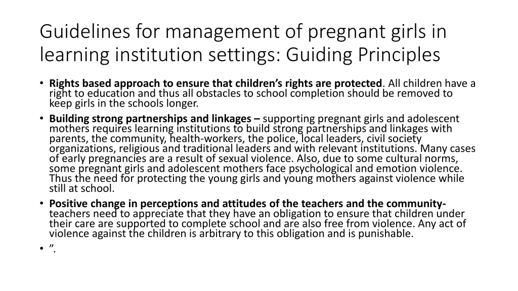 guidelines for management of pregnant girls