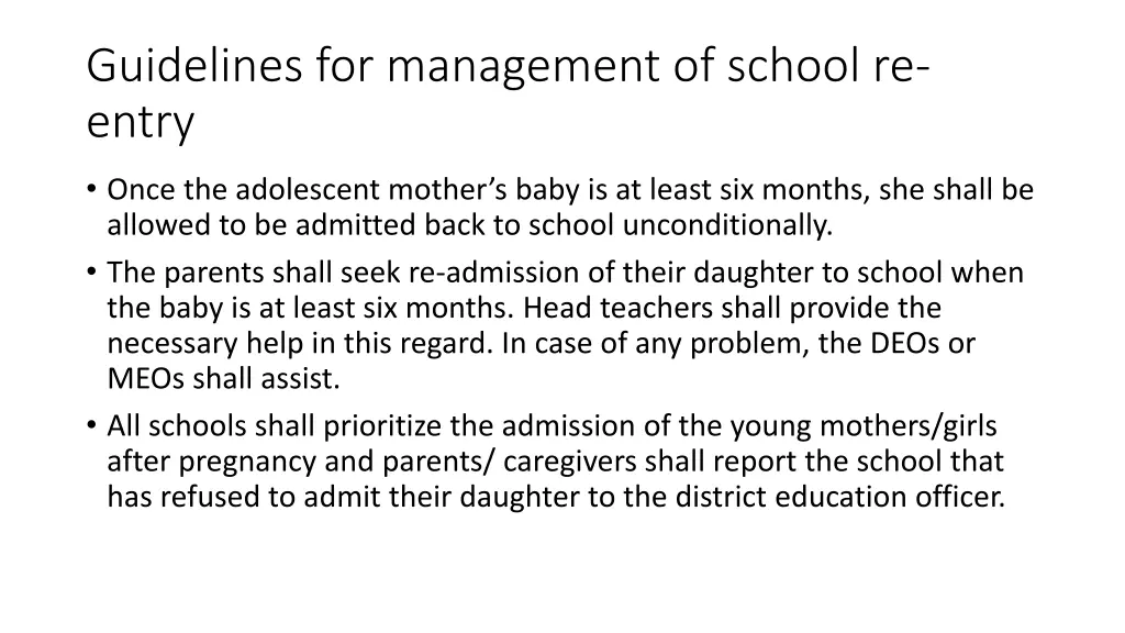 guidelines for management of school re entry