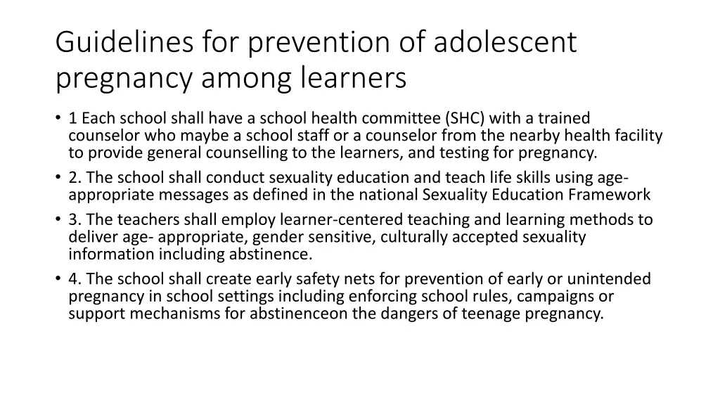 guidelines for prevention of adolescent pregnancy