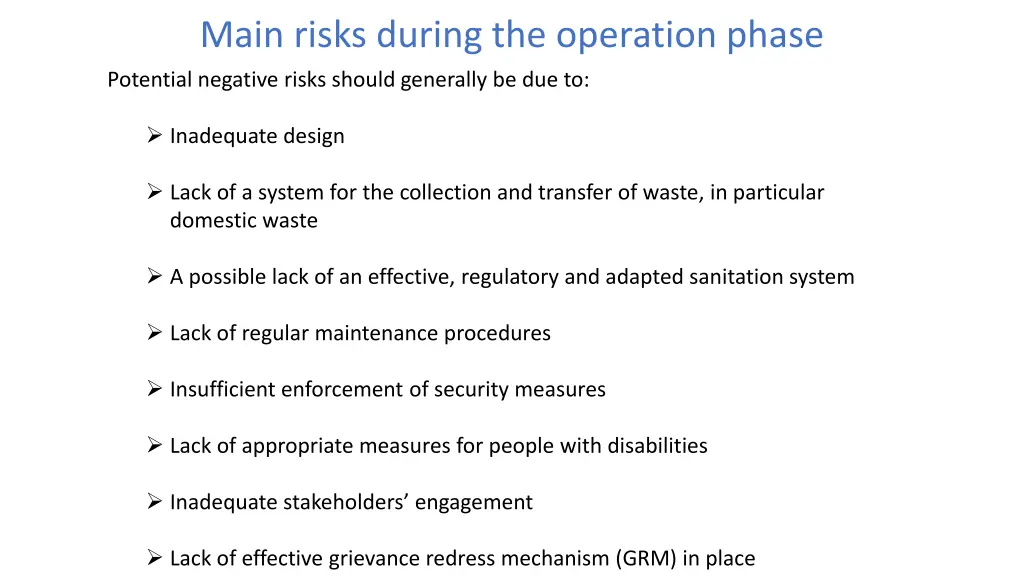 main risks during the operation phase