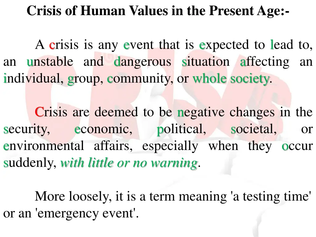 crisis of human values in the present age