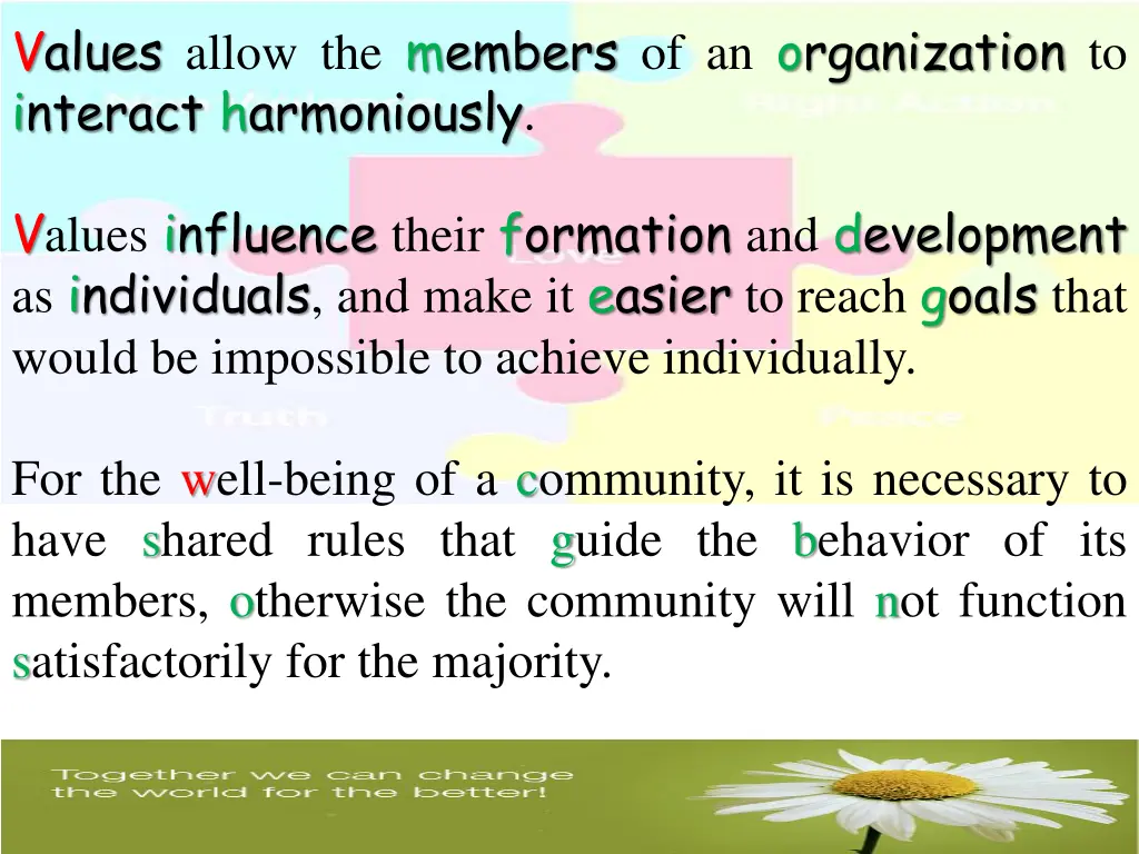 values allow the members of an organization