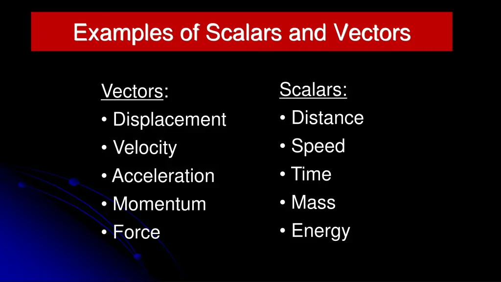 examples of scalars and vectors