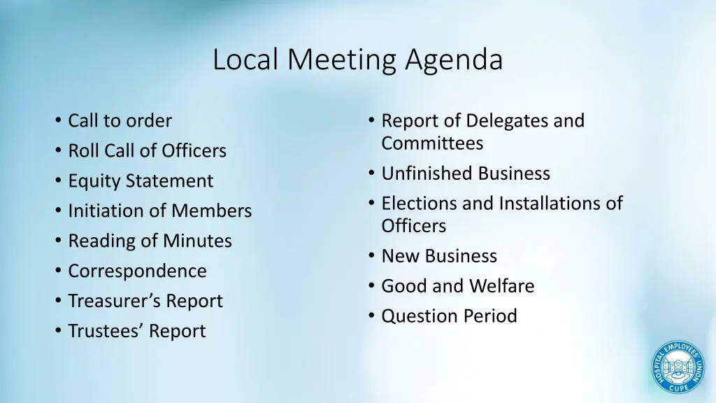 local meeting agenda