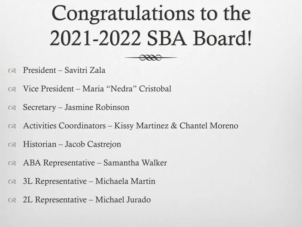 congratulations to the 2021 2022 sba board