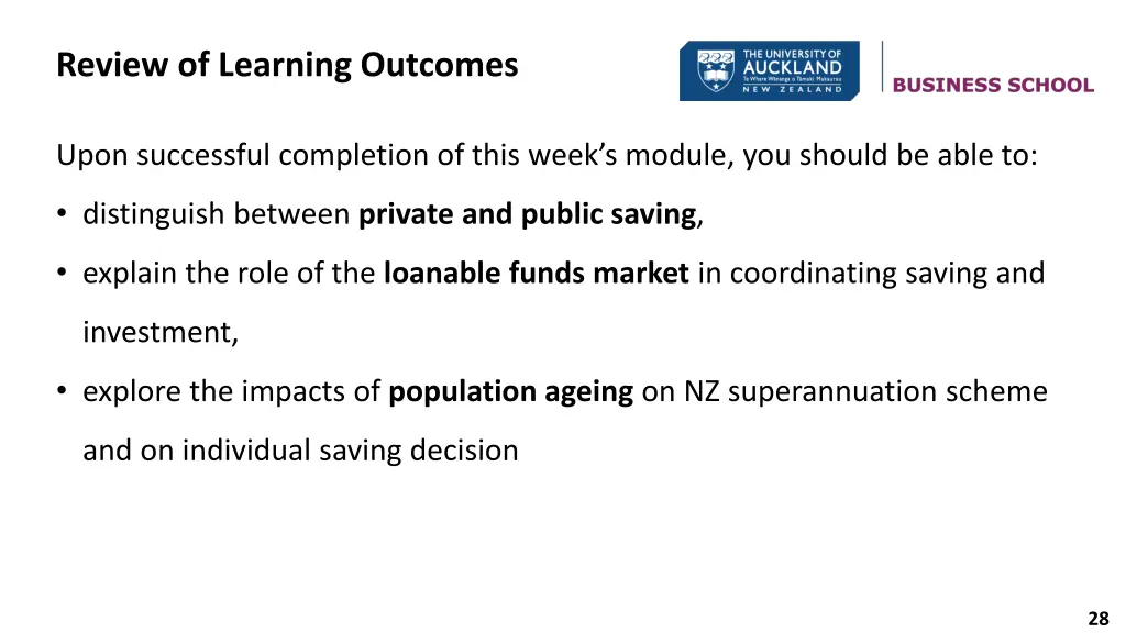 review of learning outcomes