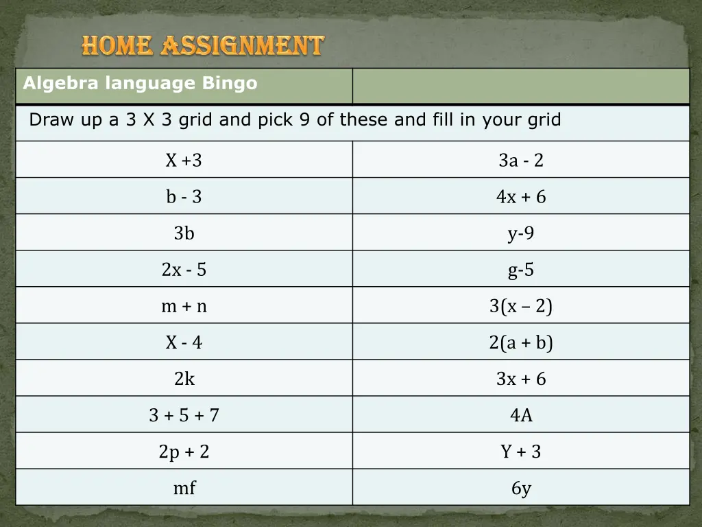 algebra language bingo