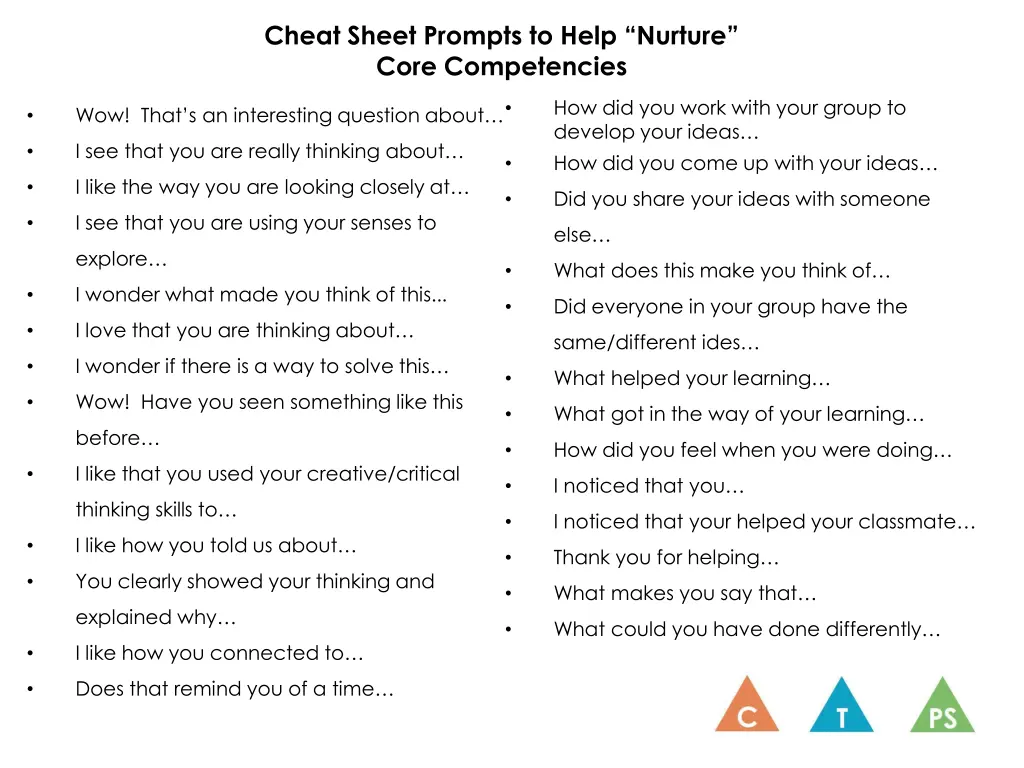 cheat sheet prompts to help nurture core