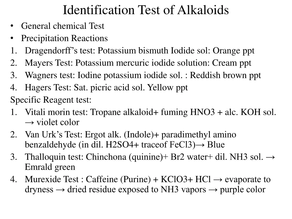 identification test of alkaloids general chemical