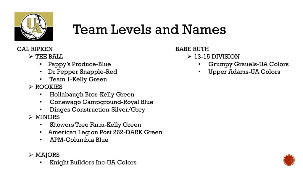 team levels and names