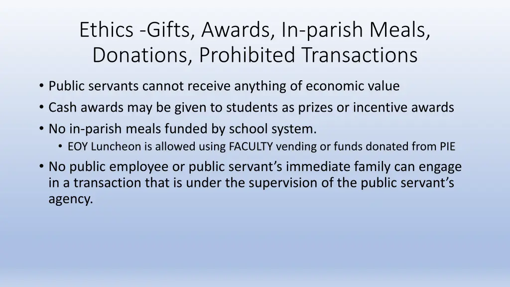 ethics gifts awards in parish meals donations