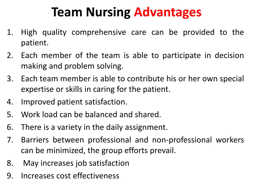 team nursing advantages