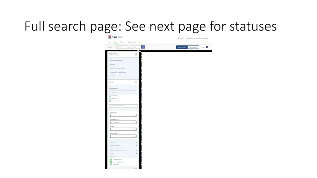 full search page see next page for statuses