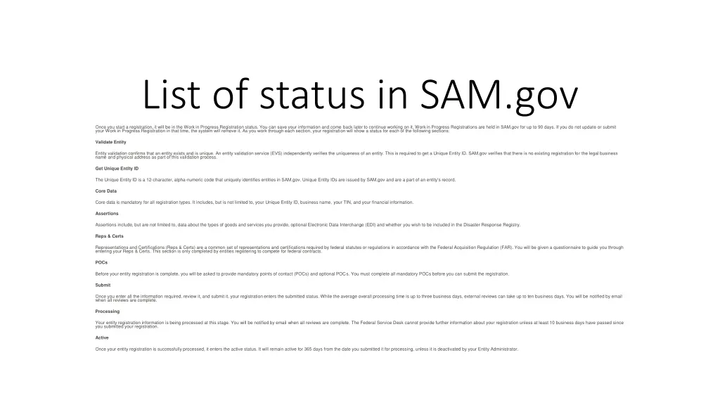 list of status in sam gov