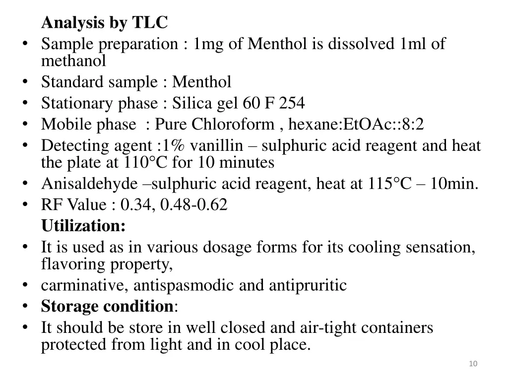 analysis by tlc sample preparation 1mg of menthol