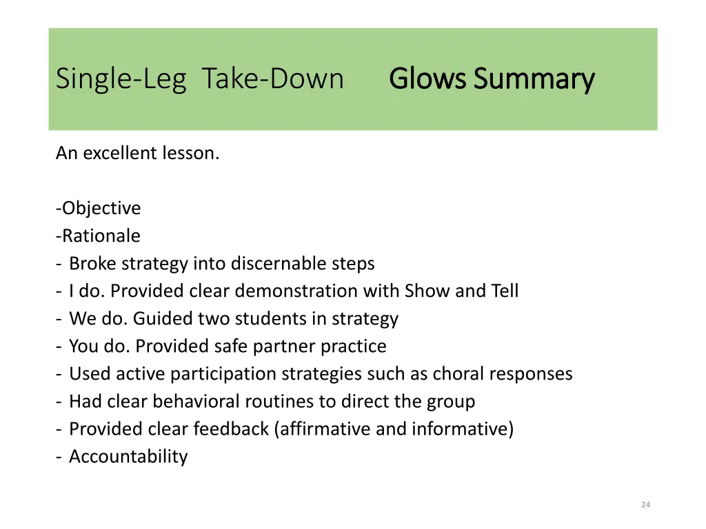 single leg take down glows summary