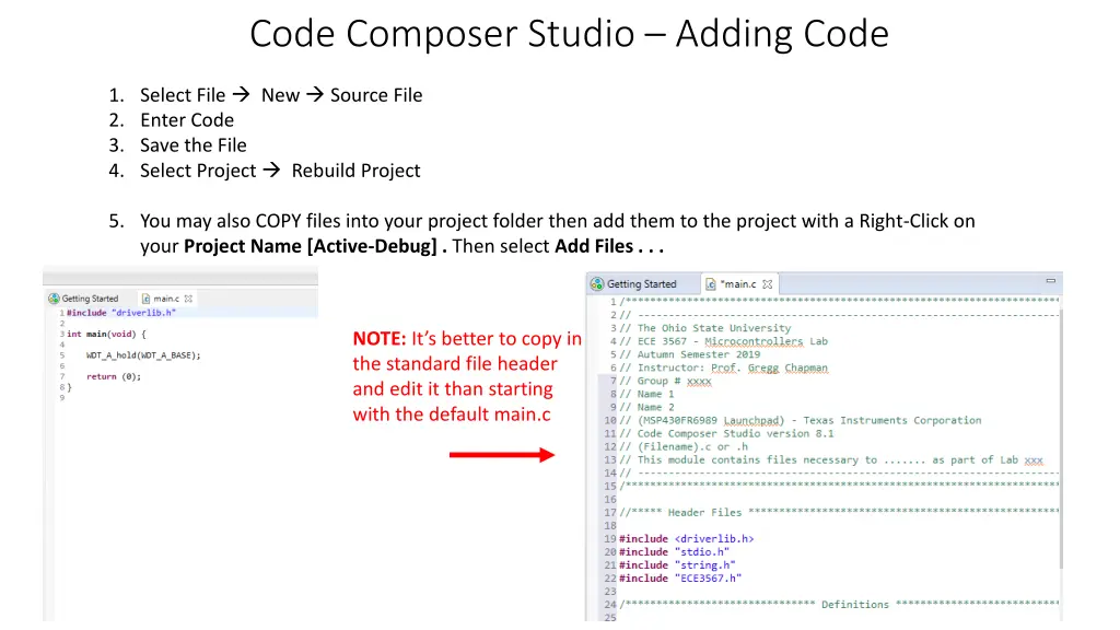 code composer studio adding code