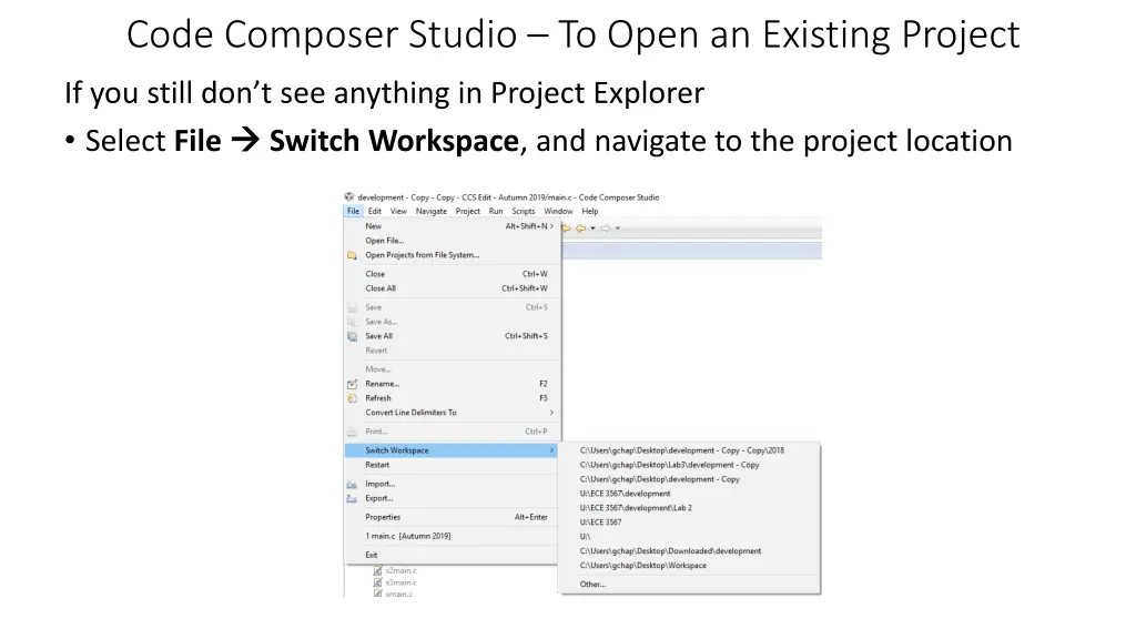 code composer studio to open an existing project 2