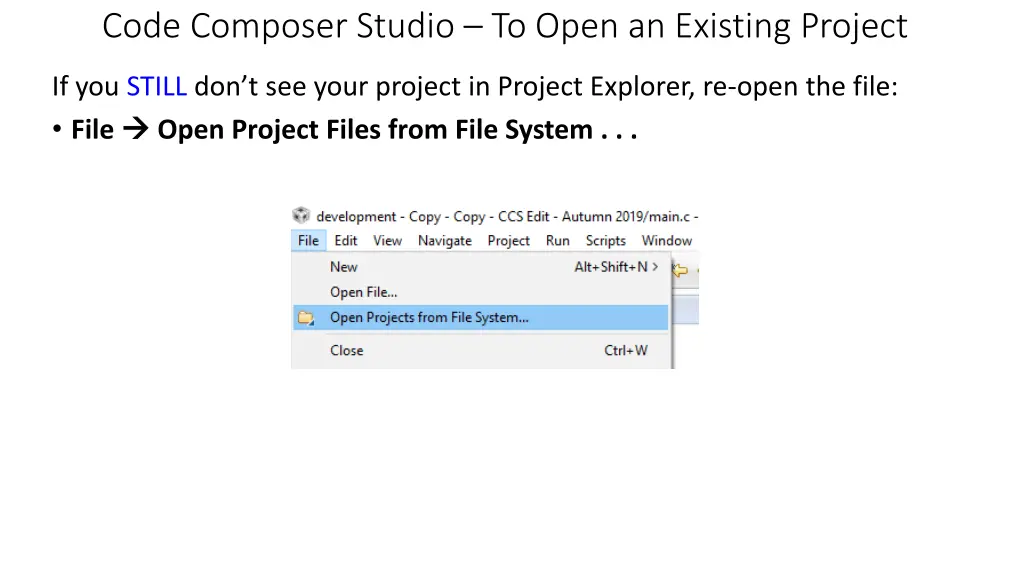 code composer studio to open an existing project 3