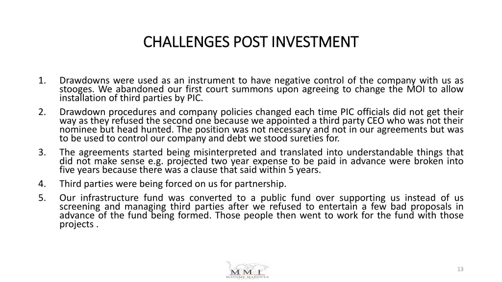 challenges post investment challenges post