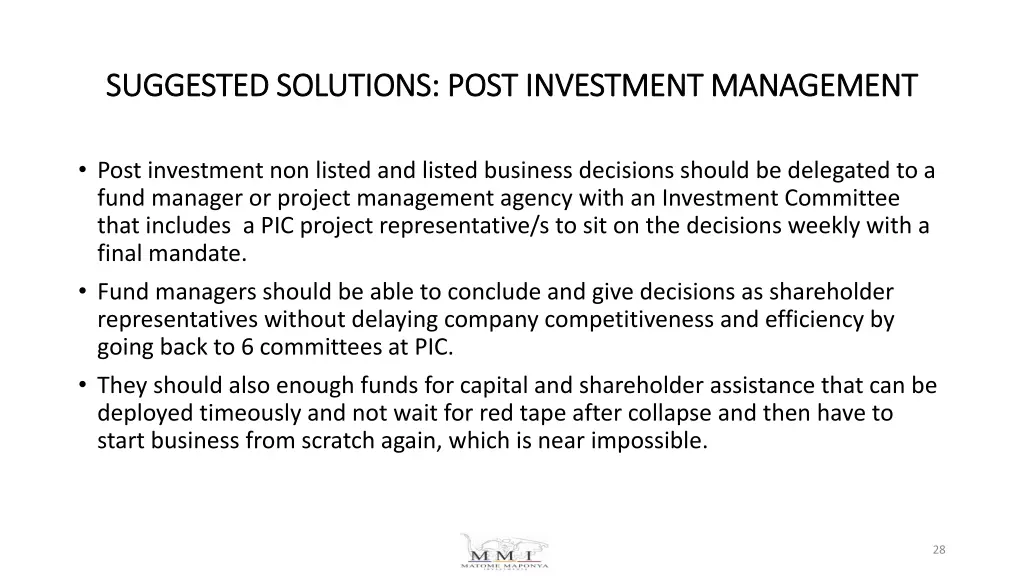 suggested solutions post investment management