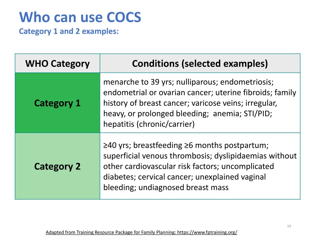 who can use cocs category 1 and 2 examples