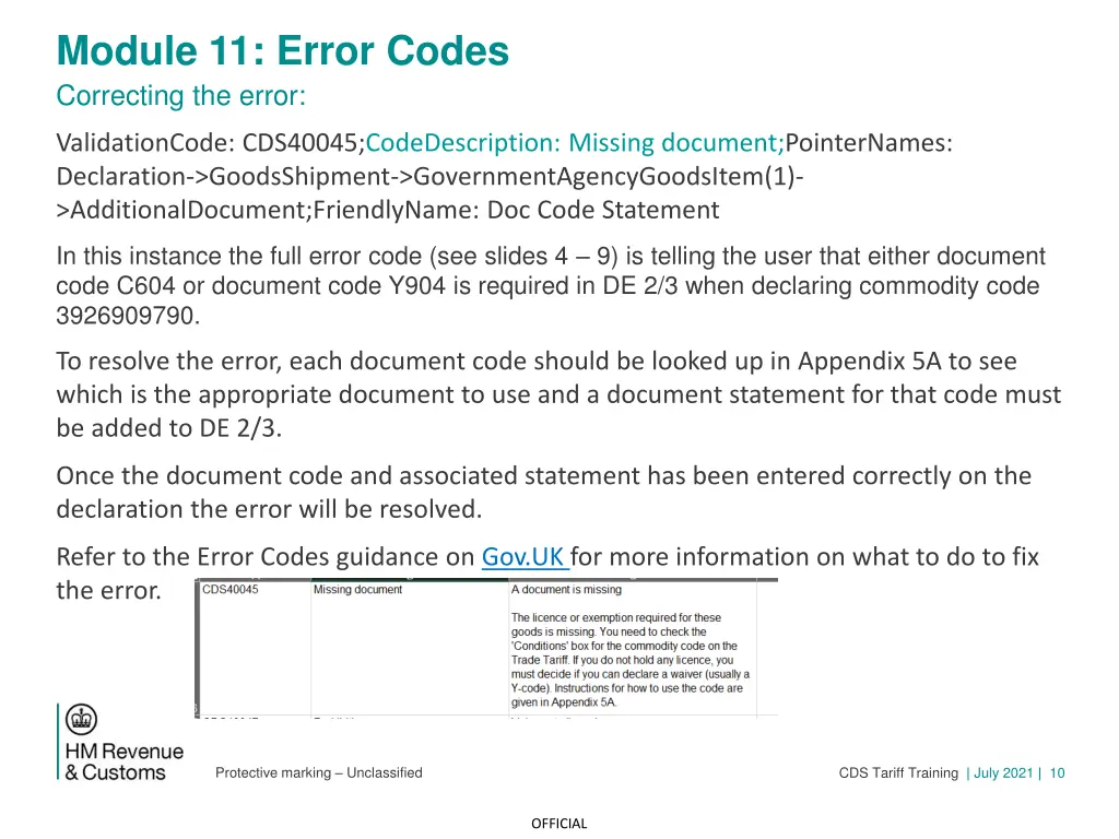 module 11 error codes correcting the error