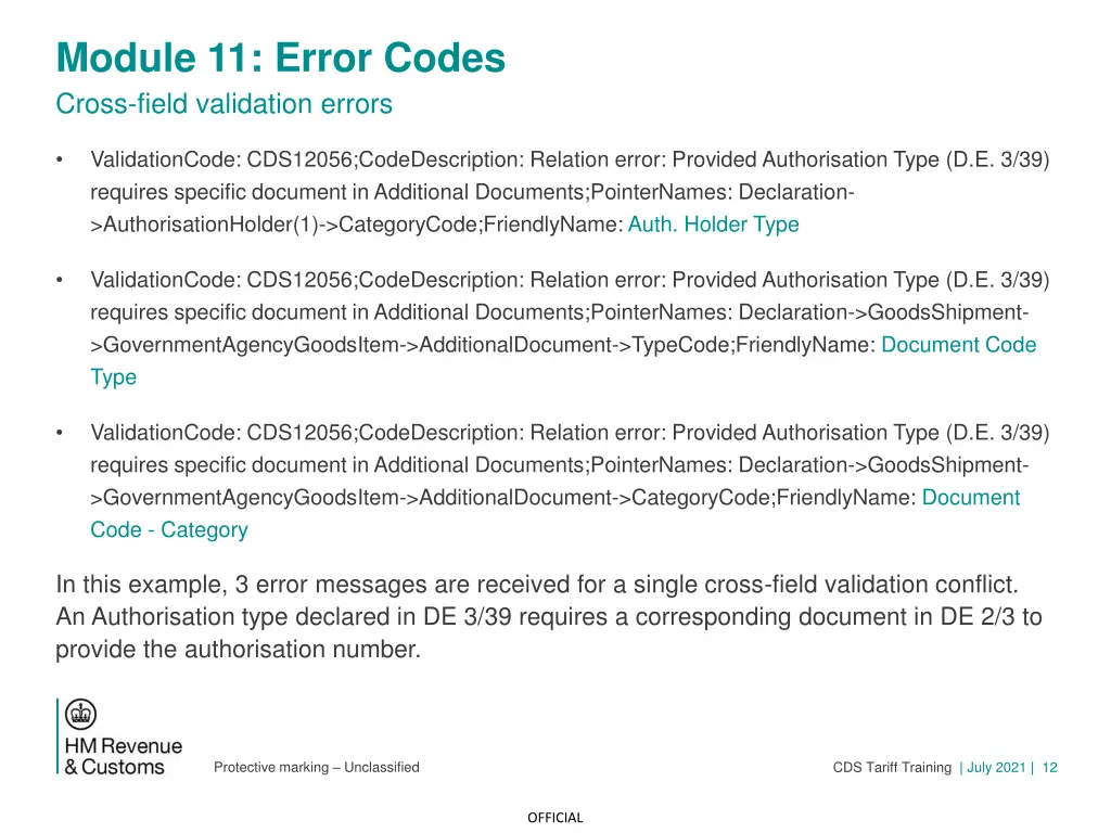 module 11 error codes cross field validation 1