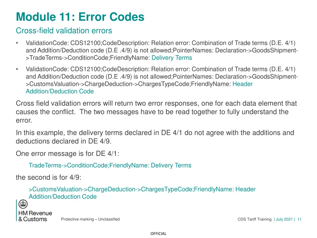 module 11 error codes cross field validation